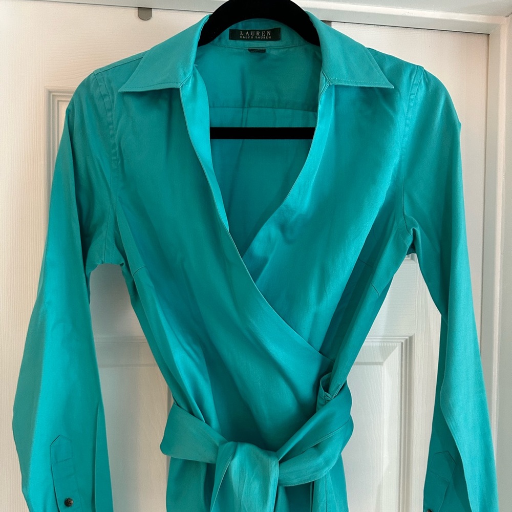 Gorgeous, Lauren, by Ralph Lauren, wrap teal blouse